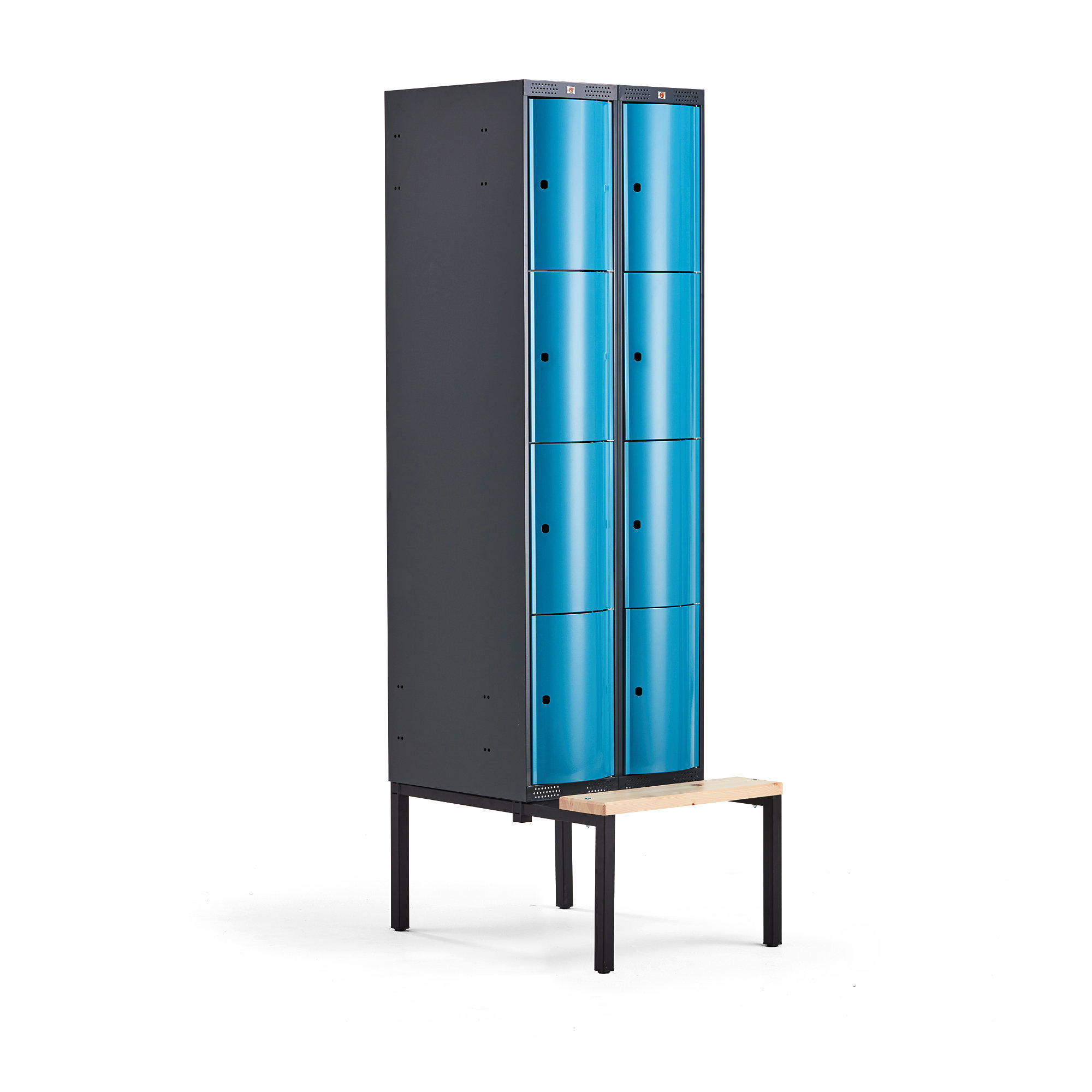 Šatňová skrinka CURVE, s lavičkou, 2x4 dvere, 2120x600x550 mm, modrá