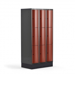 Šatňová skrinka CURVE, so soklom, 3x3 dvere, 1890x900x550 mm, červená